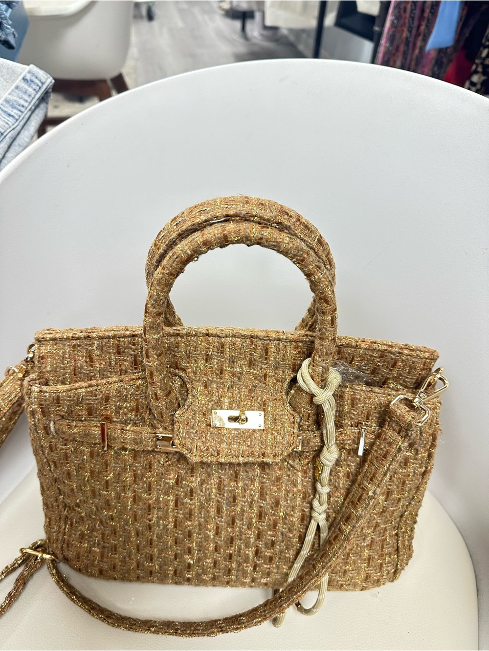 KC Chic Designs Fall Sundara Metallic Woven Satchel Crossbody Purse Gold - Picture 4 of 9